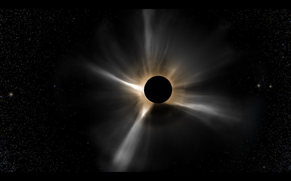 宇宙から見た日食:黒い月のまわりにコロナが広がる / The eclipse from space: the corona spreading around the black Moon